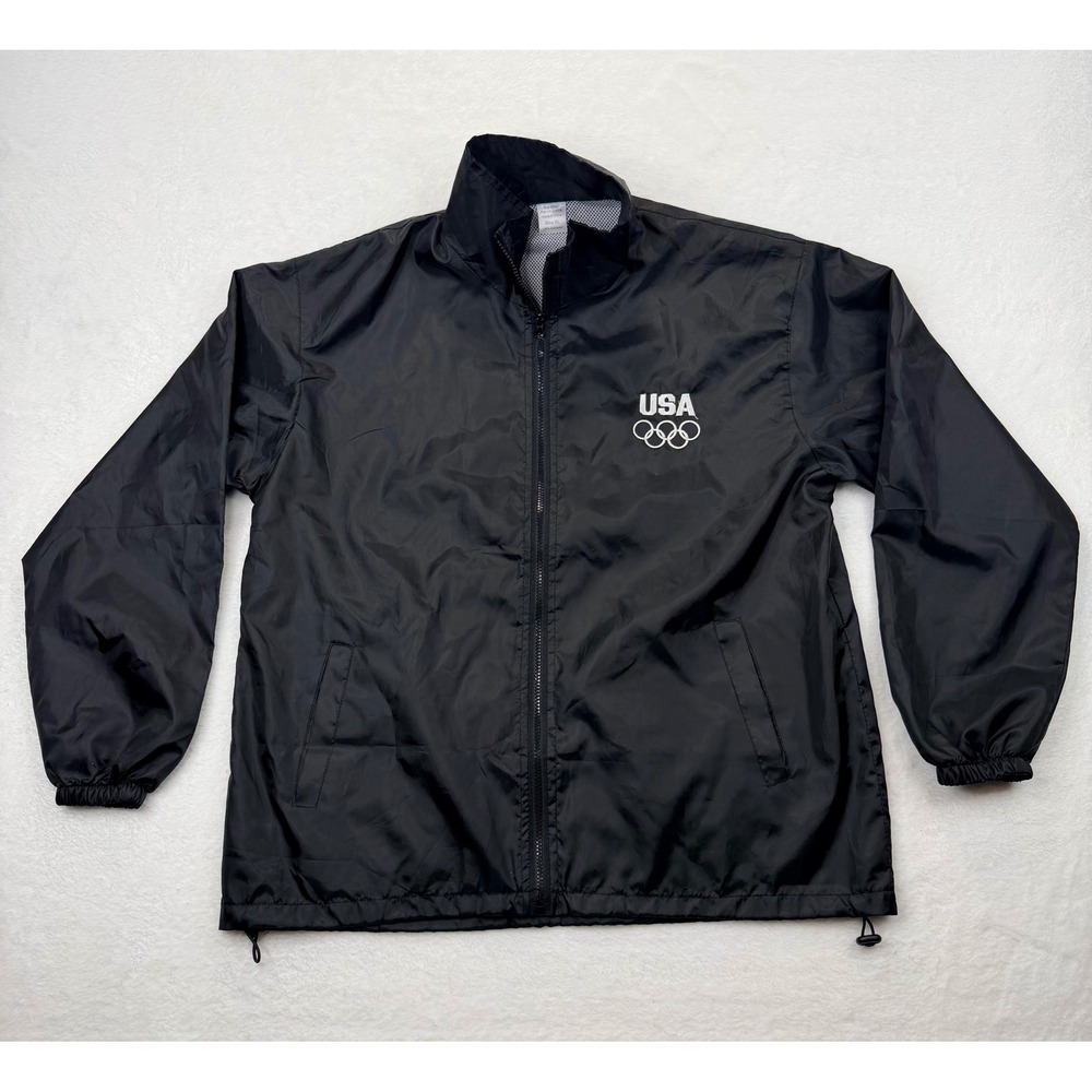 USA Olympics Windbreaker Jacket Mens XL Black Full Zip Mesh Lined Embroidered